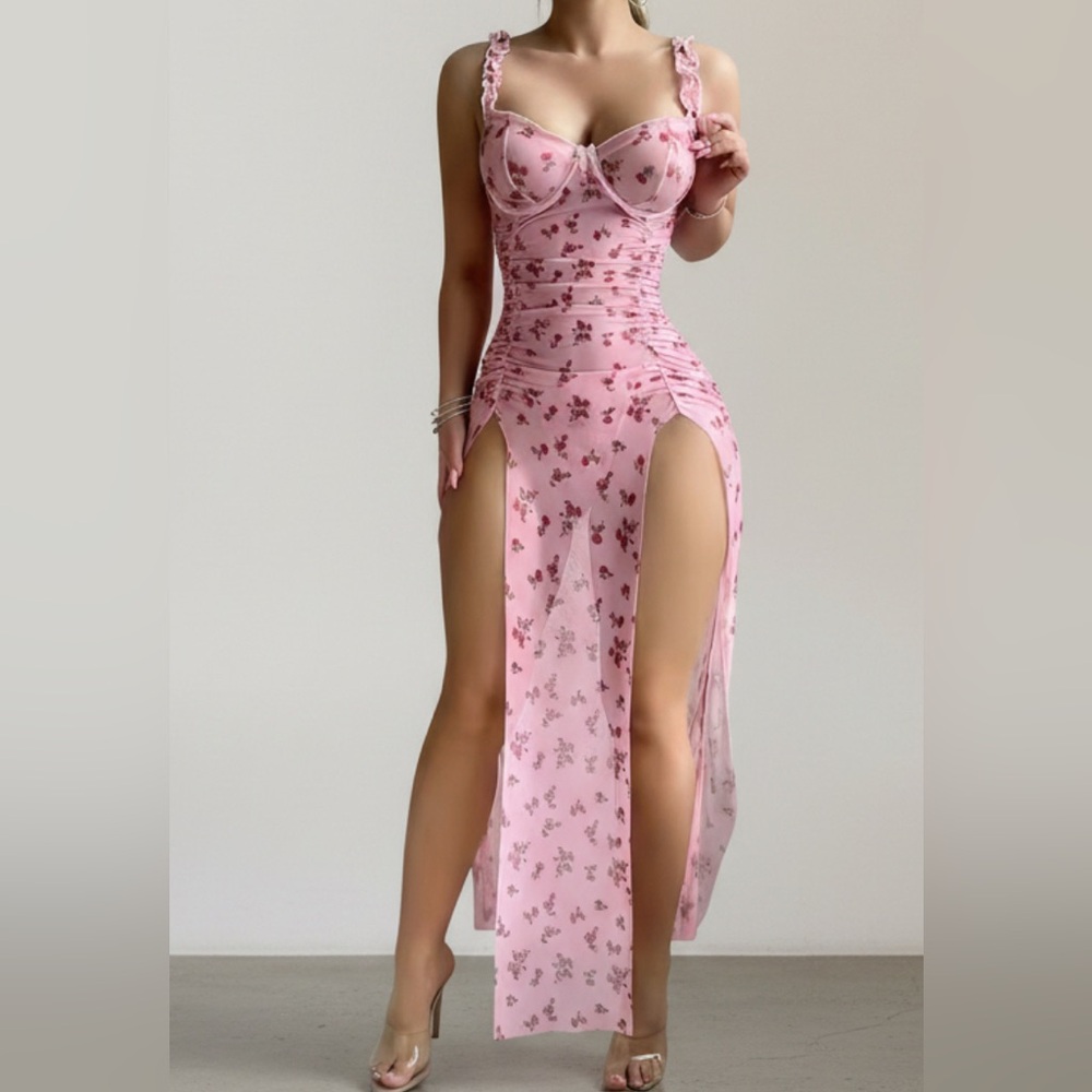 Pink Floral Split Maxi Dress M